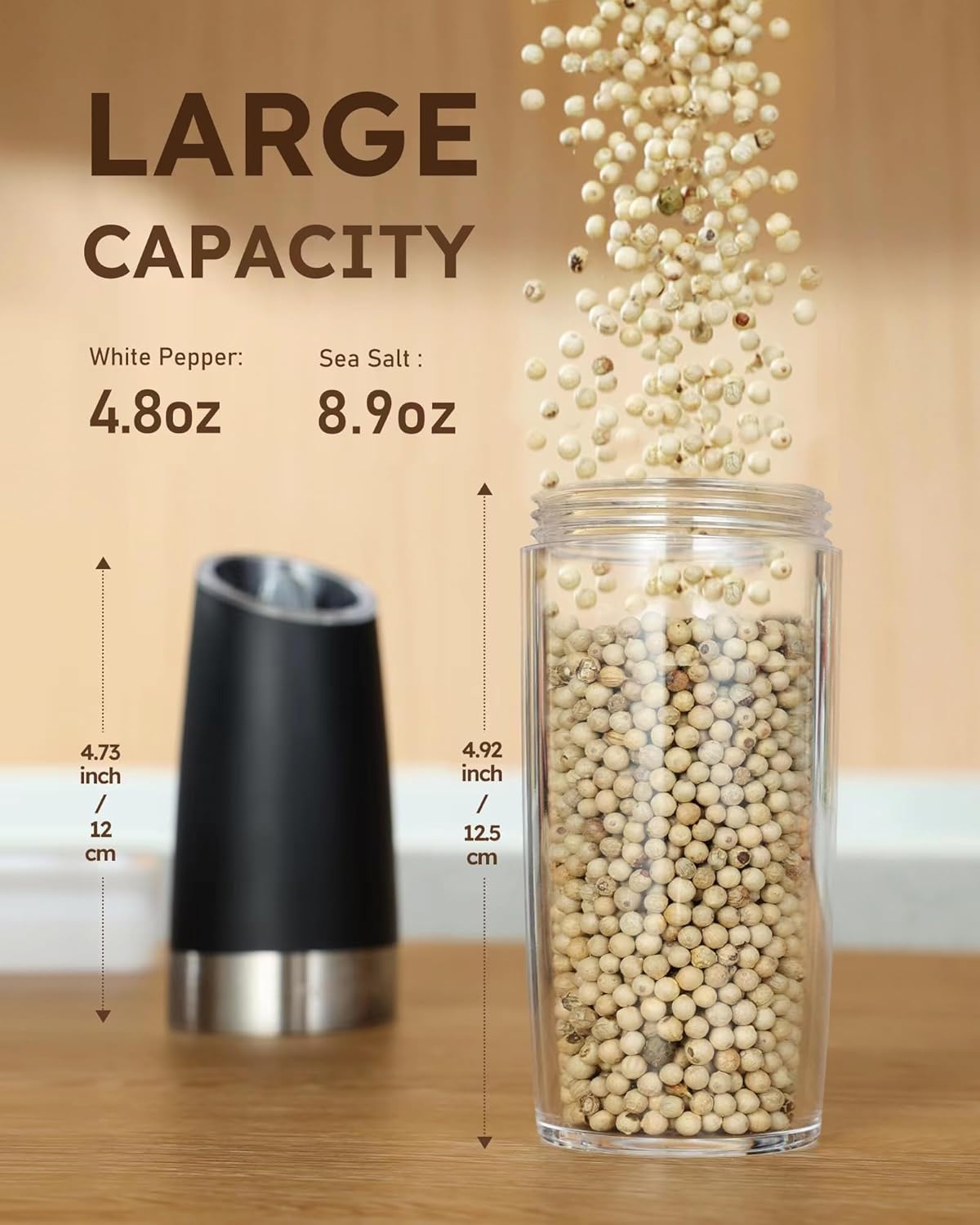 Sangcon Electric Salt and Pepper Grinder Set - Upgraded 9oz XL Capacity, Battery Powered, One-Hand Operation