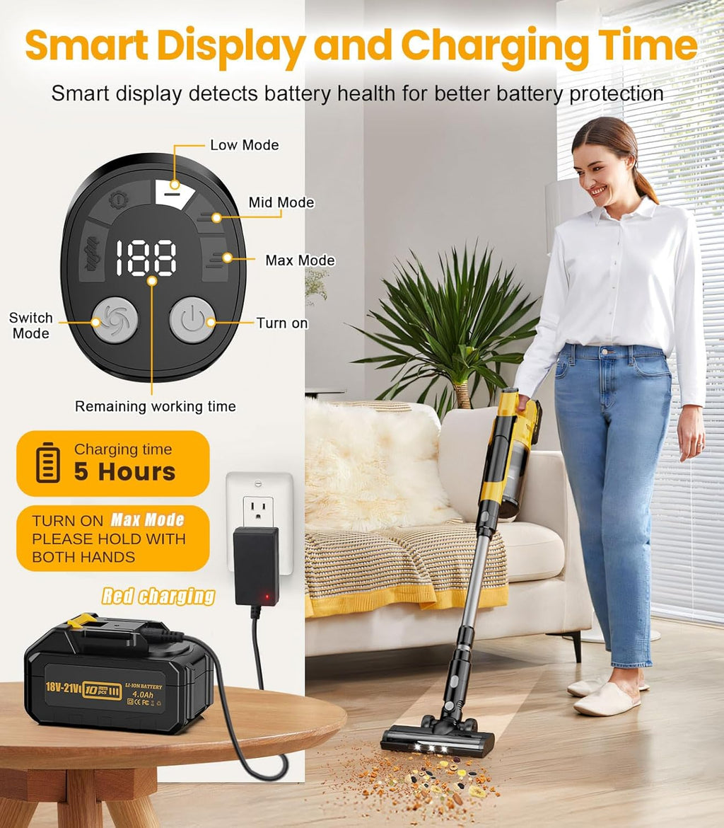 Qimedo Cordless Vacuum Cleaner - 8000mAh Power, 700W Suction, 7-in-1 Design, 90-Inch Extension Tube, 2L Dust Cup