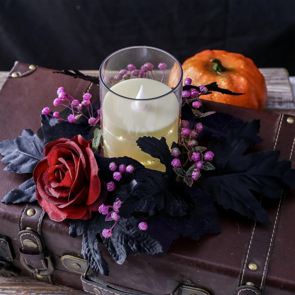 Regine Switzerland Halloween Candle Rings - Artificial Maple Leaf & Rose Flower Wreath | Festive Table Centerpiece Decor