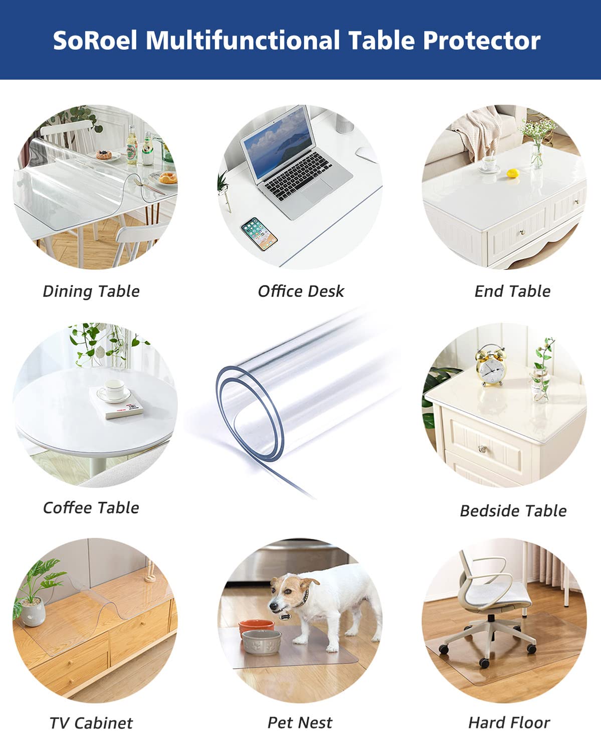 Soroel 38X120 Inch Clear Dining Room Table Cover Plastic Tablecloths Waterproof Office Desk Blotter Mat 1.5mm Thick Wood Furniture Topper Protector Pad for Night Stand End Side Table Kitchen Counter