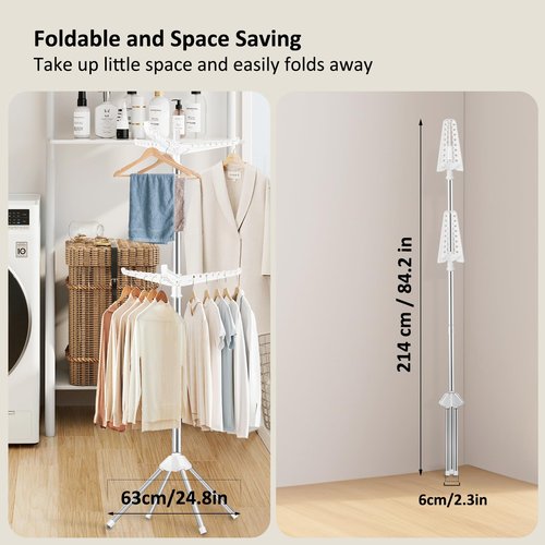 SUYU Clothes Drying Rack,Folding Clothes Drying Tree, 2 Layer with 6 Rotatable Arms,72-Inch Indoor Clothes Rack,Stainless Steel,4 Legs,White and Silver SNJ202