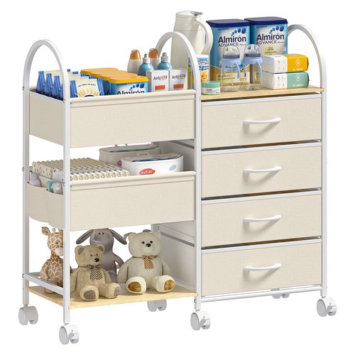 ONWAYHOME Baby Organizer and Storage Cart, 4-Tier Rolling Utility Cart with Wheels, Dividers and Drawers, Easy to Assemble for Nursery, Bedroom & Changing Table, White