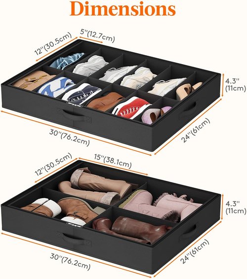 Lifewit Under Bed Shoe Storage Organizer - 2 Pack for 12 Pairs + 4 Pairs | Foldable Fabric Boxes with Clear Cover - Black