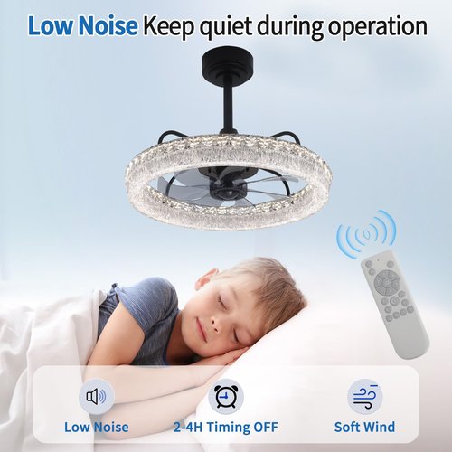 Hrtghzir 19.88" Ceiling Fans with Lights and Remote, Modern Crystal Chandelier Quiet Ceiling Fans, 3000K-6500K Smart Blade LED Fan Light, Modern Ceiling Fan with Lights for Bedroom, Black