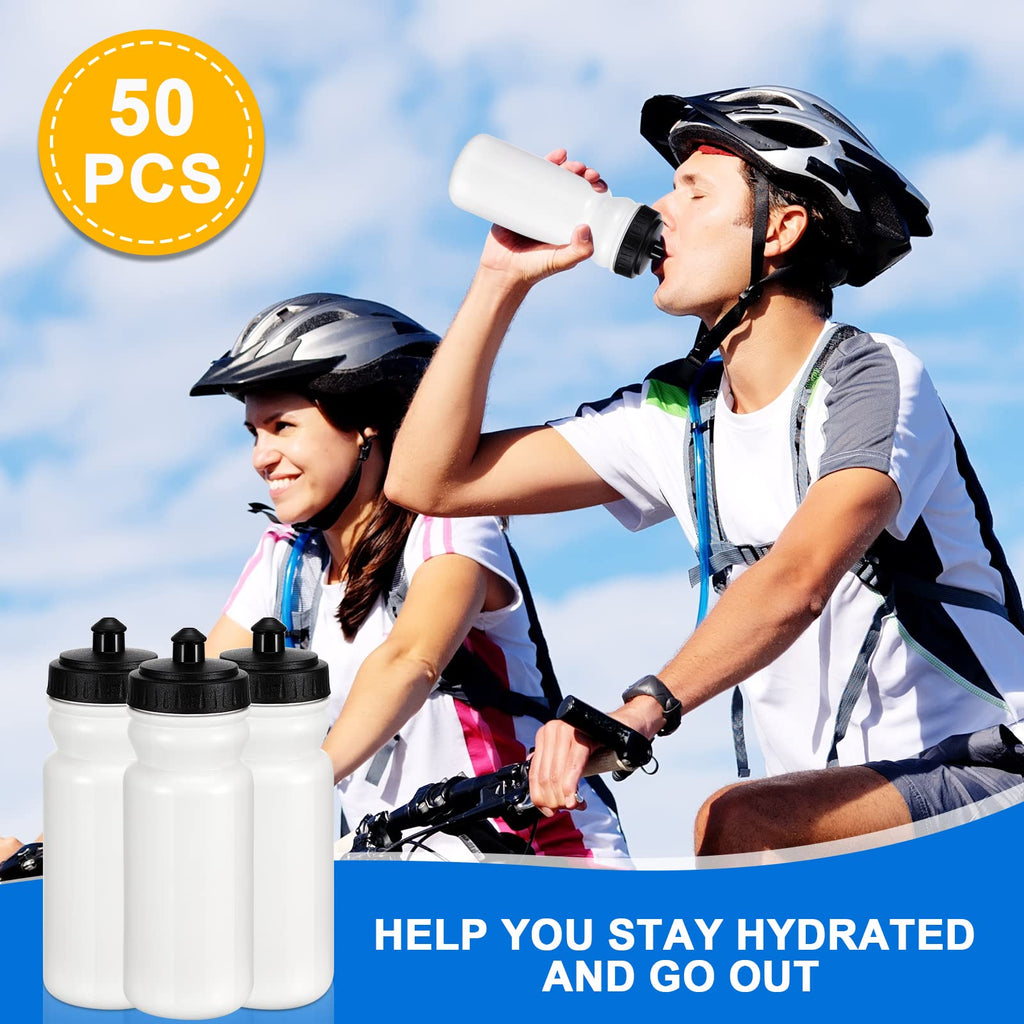 Suclain 50 Pieces Sports Water Bottles 20 oz Water Bottles Squeeze in Bulk Reusable Plastic Water Bottles BPA Free Blank Water Bottles for Major Sporting Events Adults(Black-White)