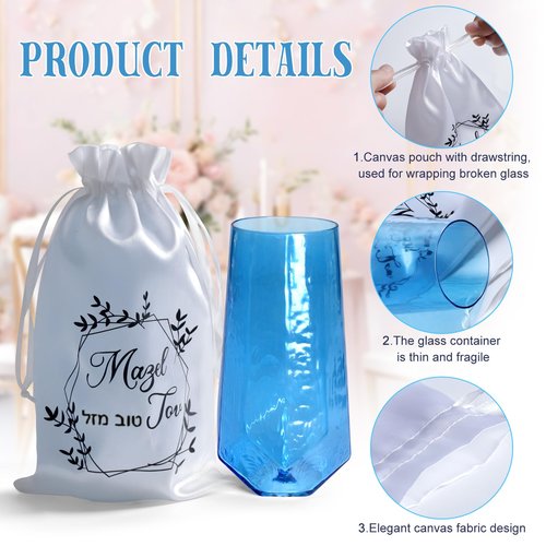 Jewish Chuppah Breaking Glass, Blue Glass Vessel for Groom, Wedding Gift with Drawstring Bag and Card