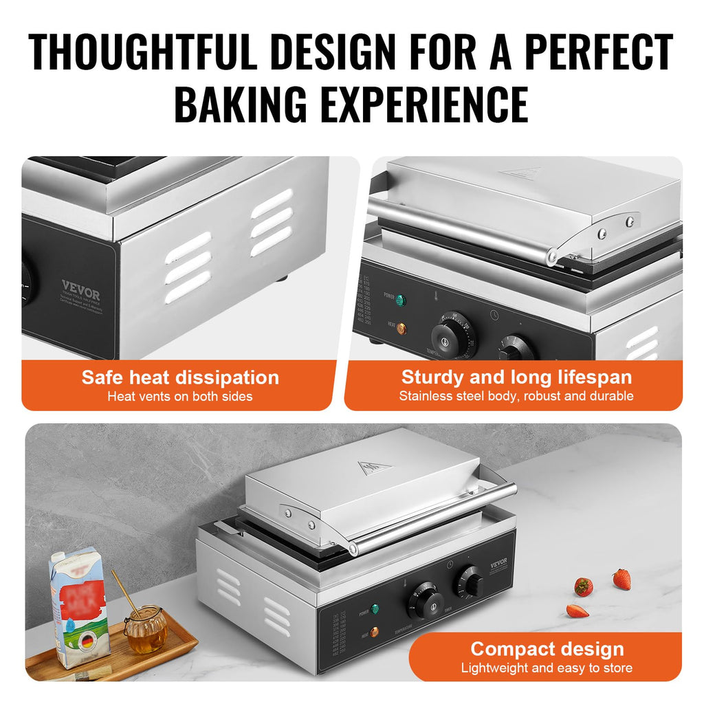 VEVOR Commercial Waffle Maker, 10PCS Rectangle Waffle Baker Machine, 1550W Non-Stick Stainless Steel Belgian Waffle Iron with Temp and Time Control, Handle, for Restaurant Bakery Snack Bar Family