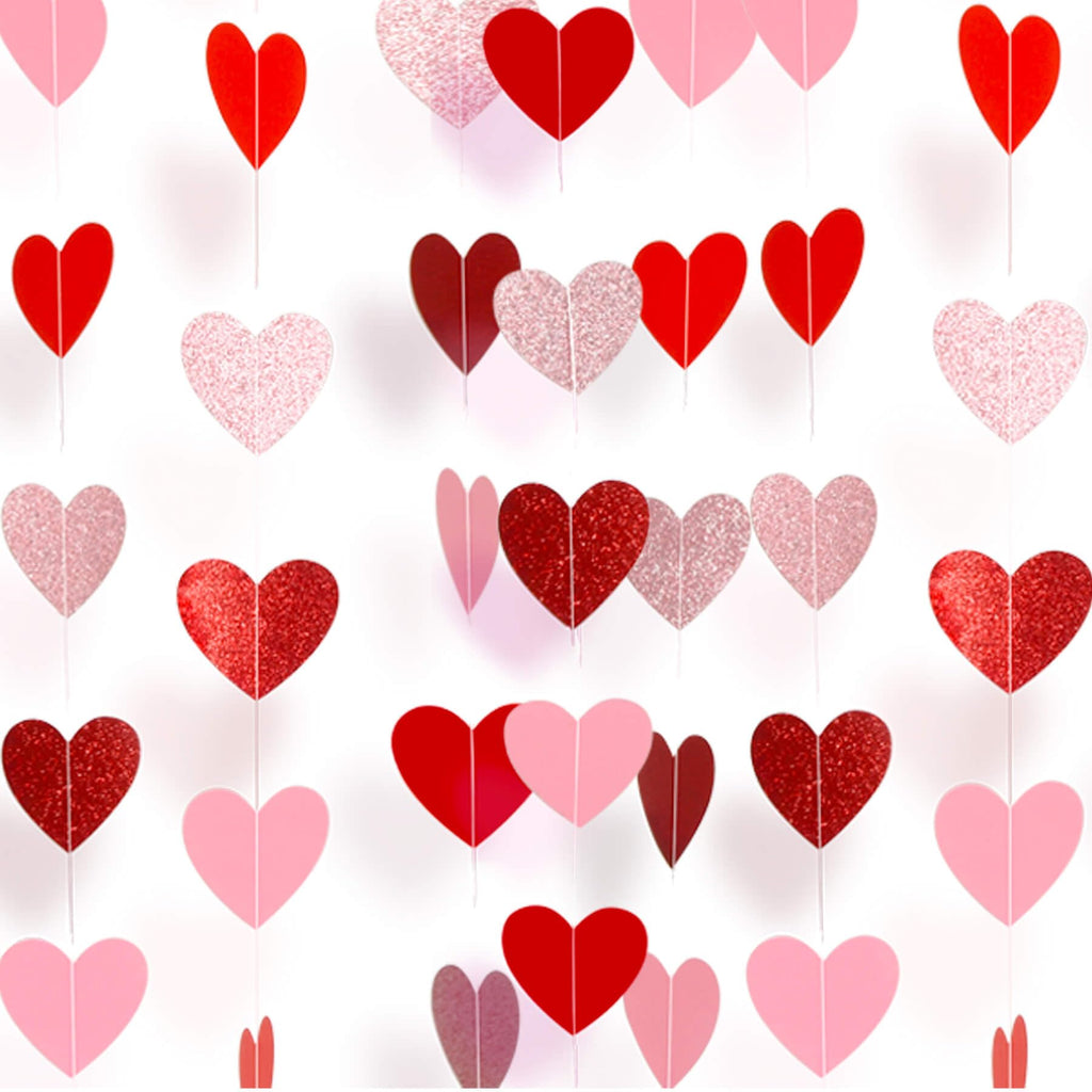 Heart Garland Banner Valentines Decorations- Valentines Galentines Day, Pink Rose Gold Burgundy Red Party Hanging Décor- 52ft Pre-Strung Paper Hearts Garland Streamers for Bridal Shower Party, NO DIY