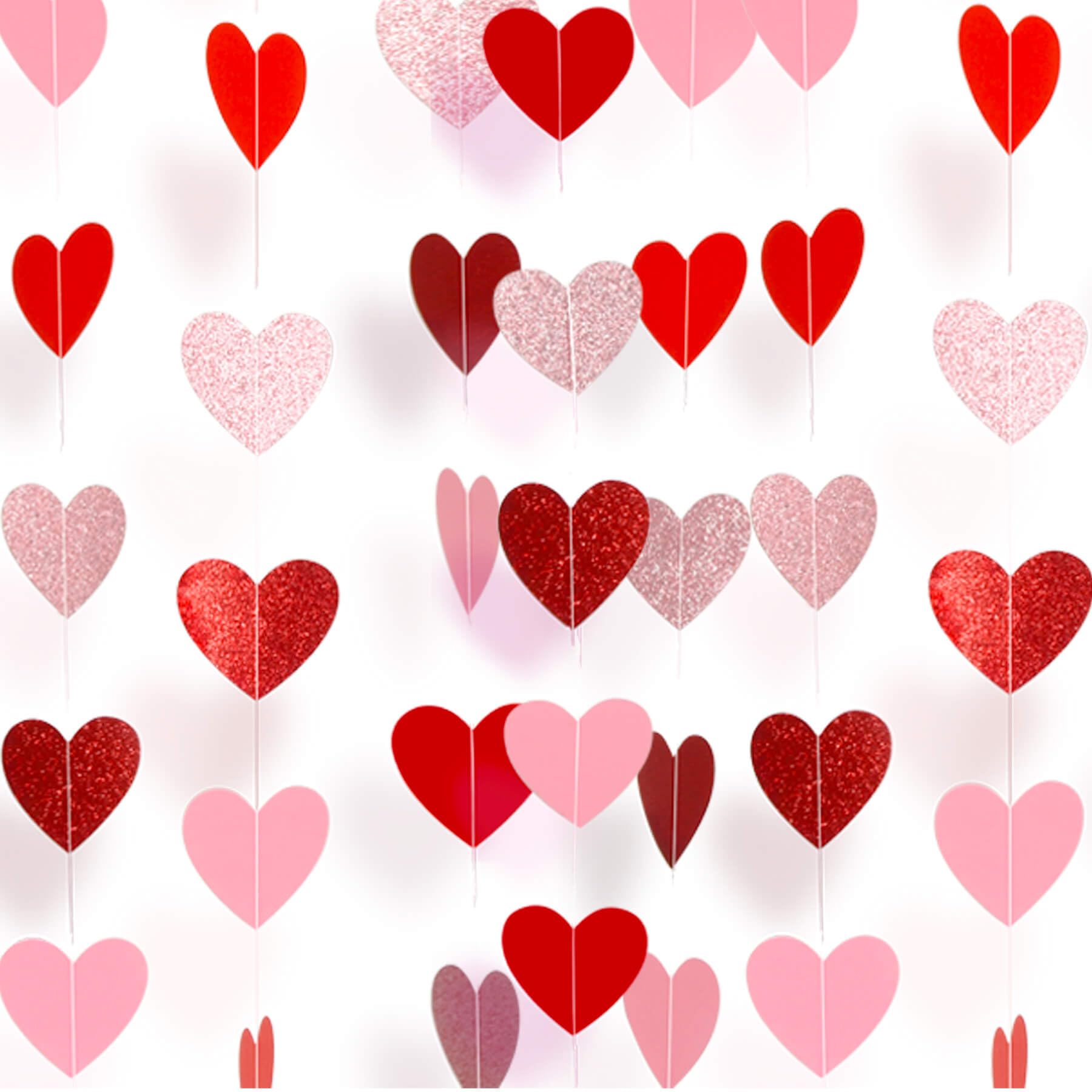 Heart Garland Banner Valentines Decorations- Valentines Galentines Day, Pink Rose Gold Burgundy Red Party Hanging Décor- 52ft Pre-Strung Paper Hearts Garland Streamers for Bridal Shower Party, NO DIY