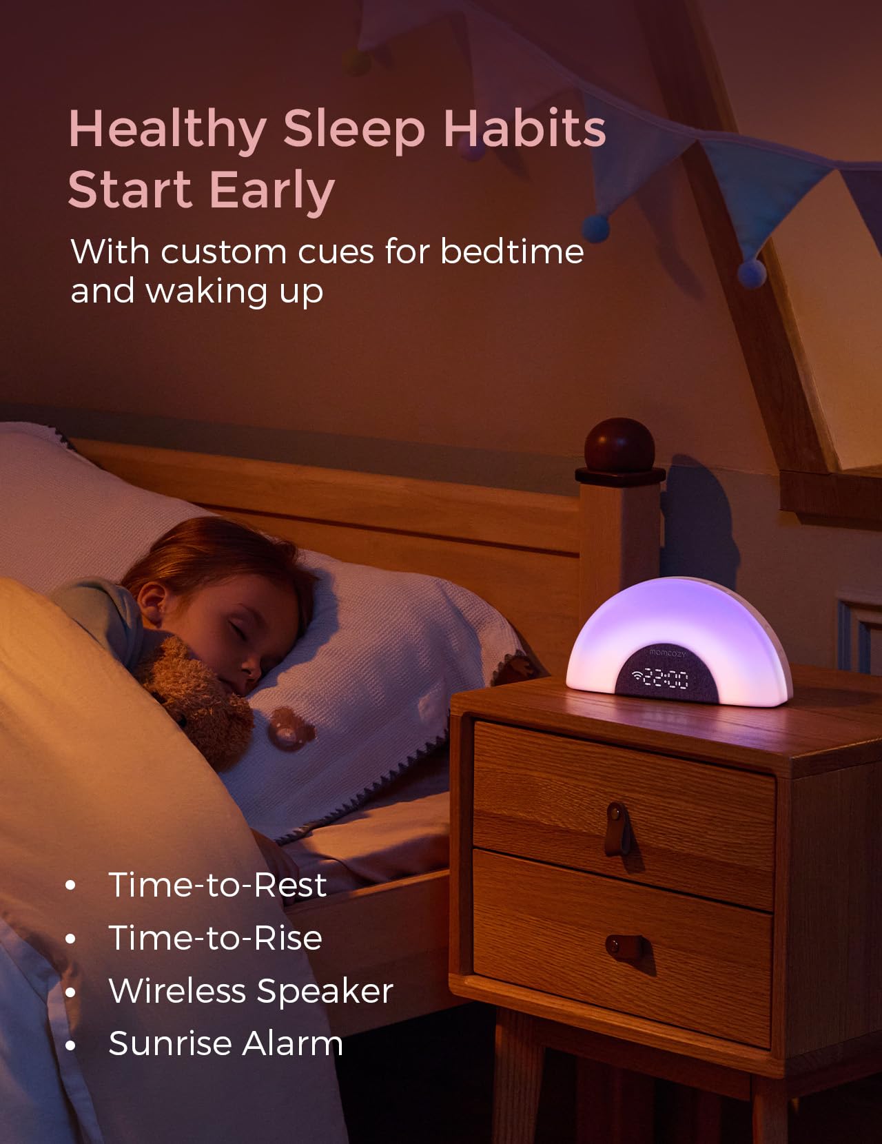 Momcozy Baby Sound Machine & Night Light–White Noise Machine with App Control, Sunrise Alarm, 34 Soothing Sounds–Sleep Trainer for Newborns & Toddlers, Travel Nursery Essential
