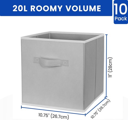 Criusia Storage Cubes - 11 Inch Fabric Storage Bins with Dual Handles | 10 Pack, Grey Foldable Organizers