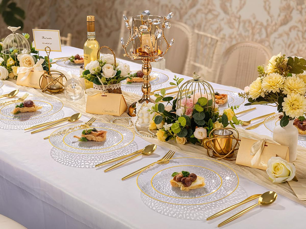 Rubtlamp 180Pcs Gold Plastic Silverware,Luxury Gold Plastic Cutlery,Heavy duty Golden Disposable Flatware, Utensils Set Disposable Include 60Gold Forks,60Gold Spoons,60Plastic Knives for Party,Wedding
