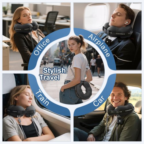 Travel Neck Pillow for Airplane Sleeping – 360° Head Support Prevents Bobbing, 100% Memory Foam Ergonomic Neck Cushion with No-Case-Needed Carry Strap for Long Flights & Car – Washable Cover (Black)
