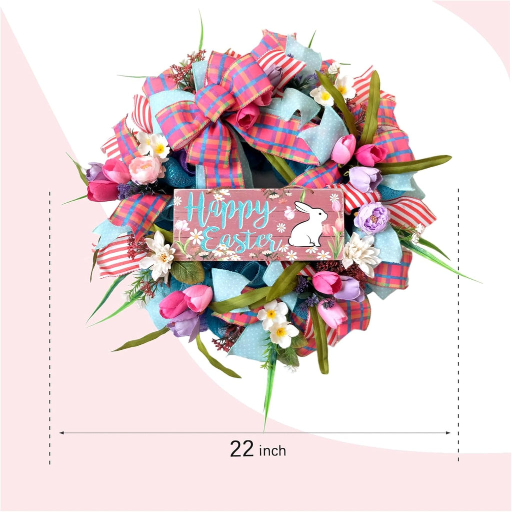 Regine Switzerland 22-Inch Easter Bunny Wreath - Spring Decor with Pink Tulips & Flowers