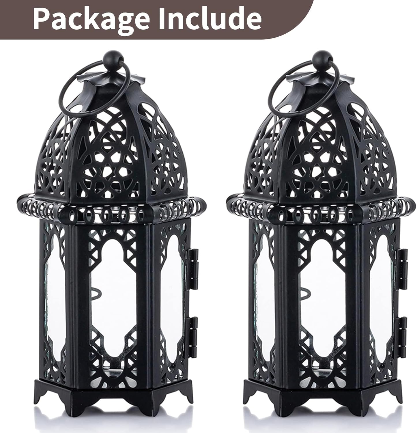 NUPTIO Moroccan Style Candle Lantern - Small Tealight Holder with Transparent Glass Panels | 2 Pcs, Black