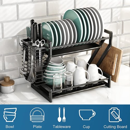 Loyalfire Dish Drying Rack, Stainless Steel 2 Tier Dish Rack with 2 Drainboard Set, Utensil Holder Dish Drainer, Cup Hanging Holder for Kitchen Counter with Multipurpose Design Easy Installation