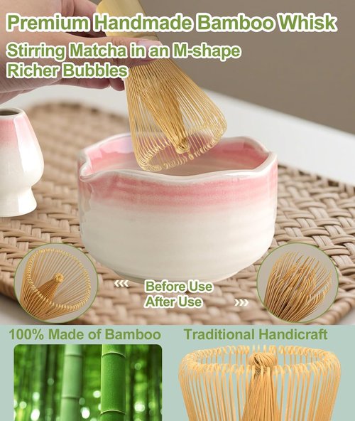 JBER Matcha Whisk Set - 7PCS Ceramic Matcha Kit with Bowl, Bamboo Whisk, Sifter & Spoon | Gradient Pink