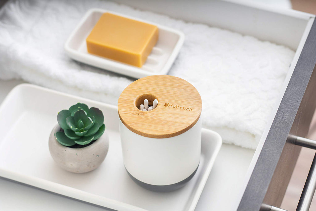 Full Circle Pick Me Up Cotton Swab and Q-Tip Canister, White & Bamboo