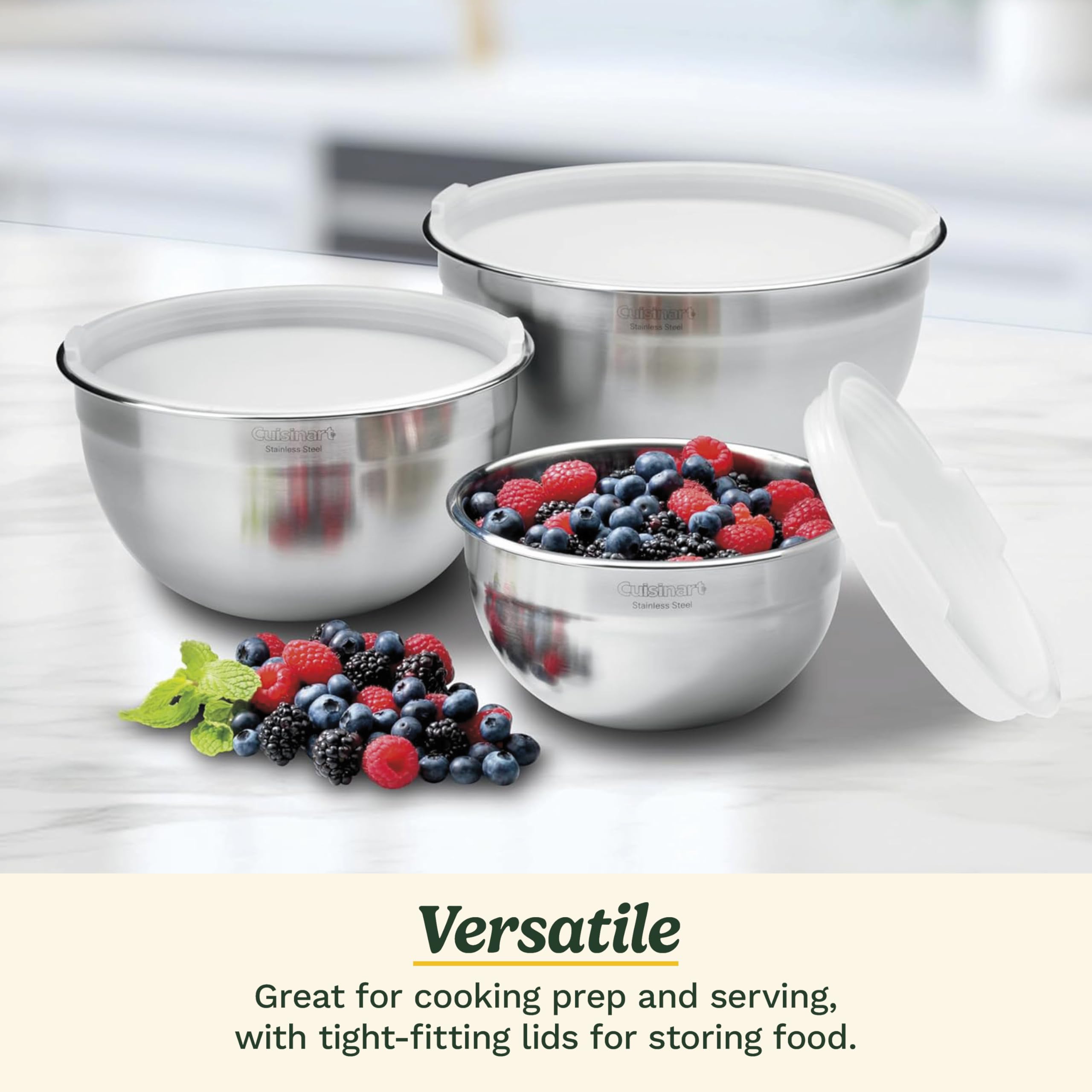 Cuisinart Mixing Bowl Set, Stainless Steel, 3‑Piece Nesting Bowls for Baking, Cooking & Food Prep, CTG-00-SMB