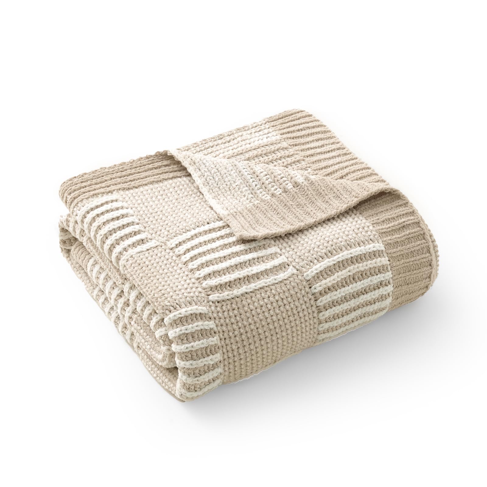 Amélie Home Knit Throw Blanket, Soft Chenille Cozy Breathable Dual Tone Checkered Chunky Decorative Blanket for Couch, Bed & Sofa, French-Inspired Lightweight Warm Gift for Women, Beige, 50"x60"