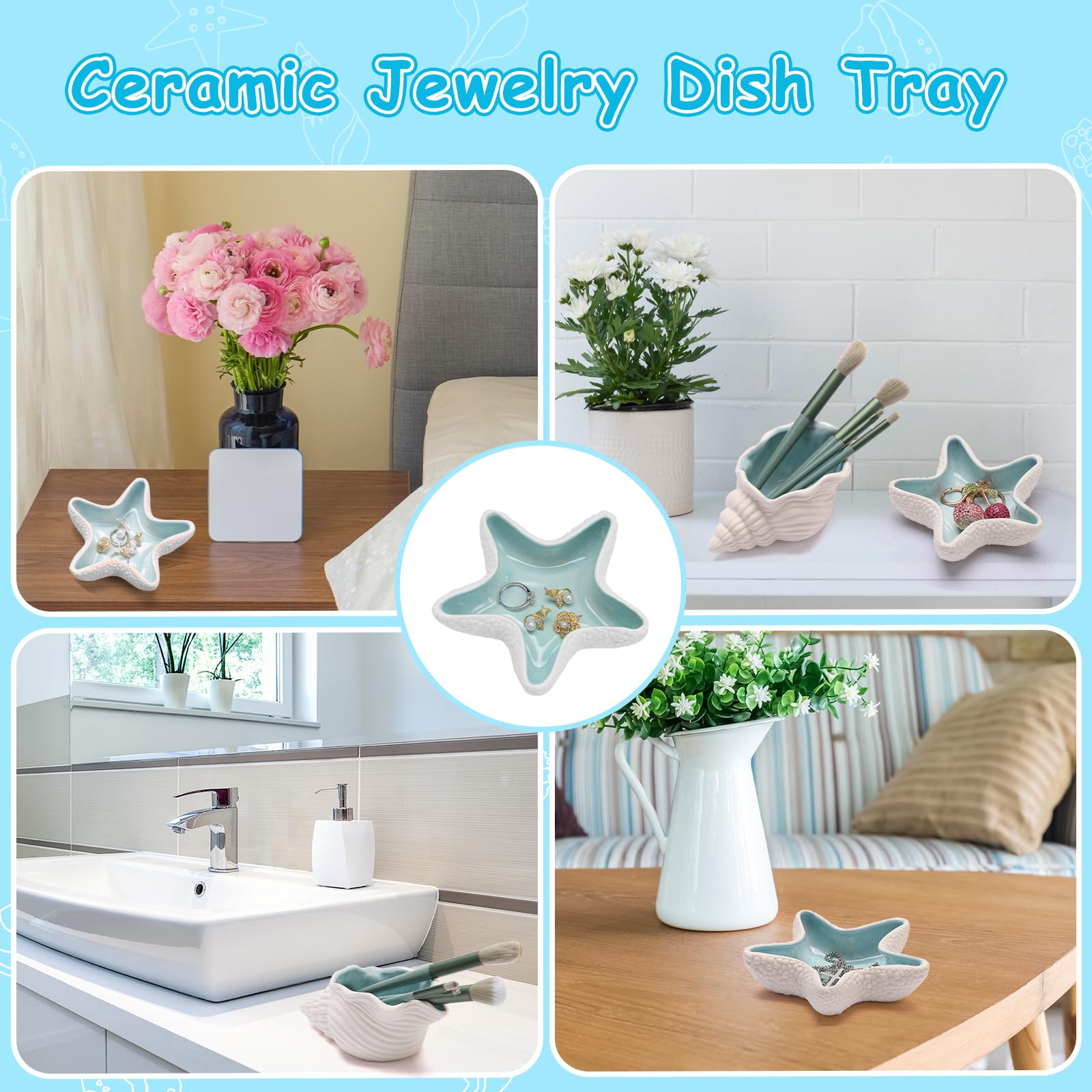 Jewelry Dish Tray For Coastal Beach Room Decor,Cute Ceramic Ring Holder Gift For Women Sister Mom Friend ,Decorative Trinket Jewelry Organizer Tray For Rings Earrings Necklaces ets (Blue starfish)