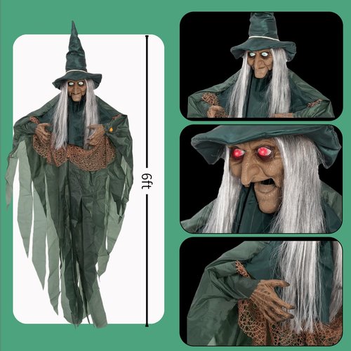 Halloween Animatronics Motion Activated 6Ft Creepy Hanging Witch with Light-up Eyes Halloween Decoration Outdoor Haunted House Prop Décor Indoor 2025 Update