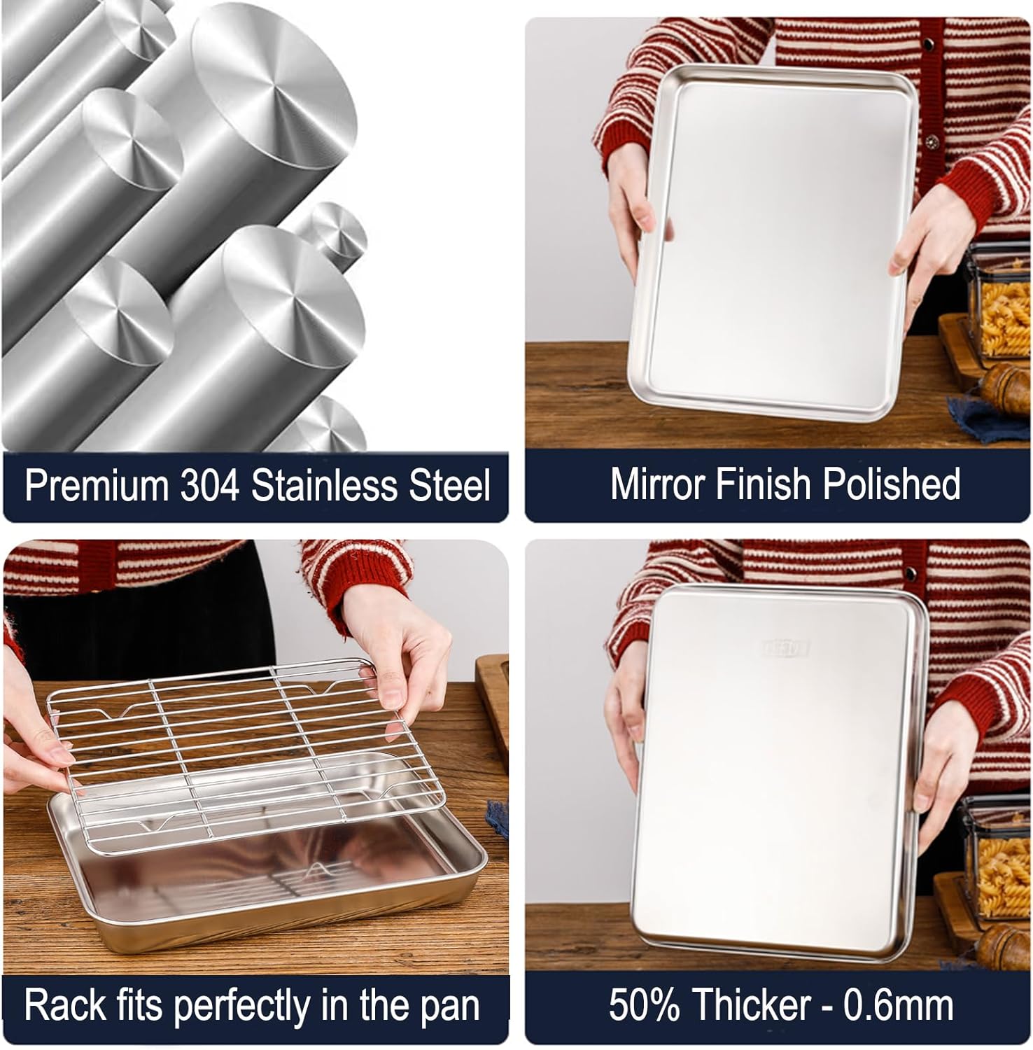 Skiennix Extra Small Serving Trays Set - Stainless Steel 304 Baking Sheet Pans with Cooling Racks | 9.3 x 6.9 Inch, Dishwasher Safe for 1-2 Persons