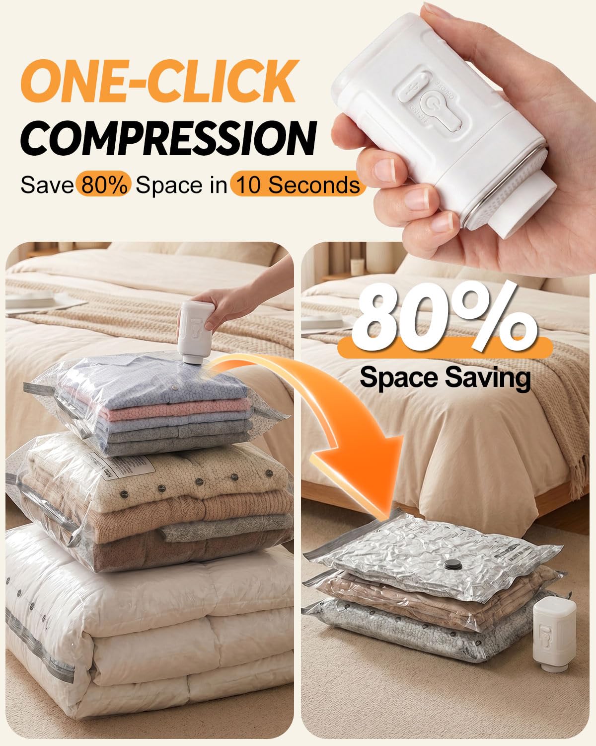 Maraiss Vacuum Bags for Travel with Rechargeable Air Pump, 15 Pack Carry-on Size Compression Packing Bags to Maximize Space & Travel Storage, Space Saver for Clothes, Bedding and Pillows