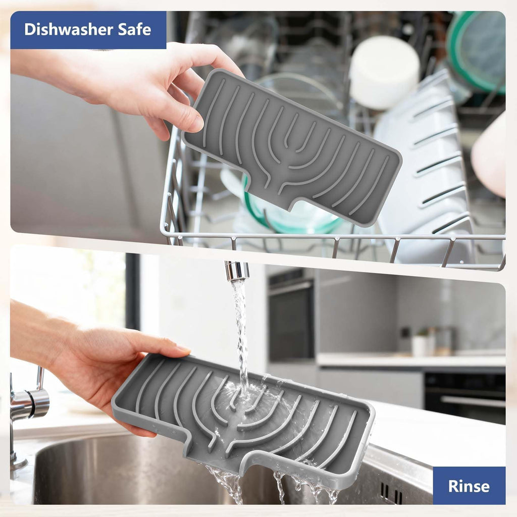 Silicone Sponge Holder for Kitchen Sink With Drain Spout, Self Draining, Kitchen Soap Tray, Bathroom Organizer, Sink Caddy (Gray, 10×4)