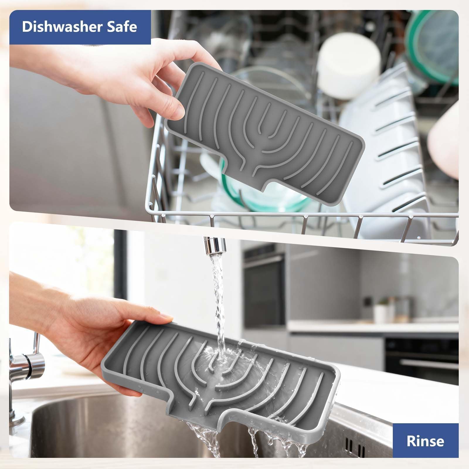 Silicone Sponge Holder for Kitchen Sink With Drain Spout, Self Draining, Kitchen Soap Tray, Bathroom Organizer, Sink Caddy (Gray, 10×4)