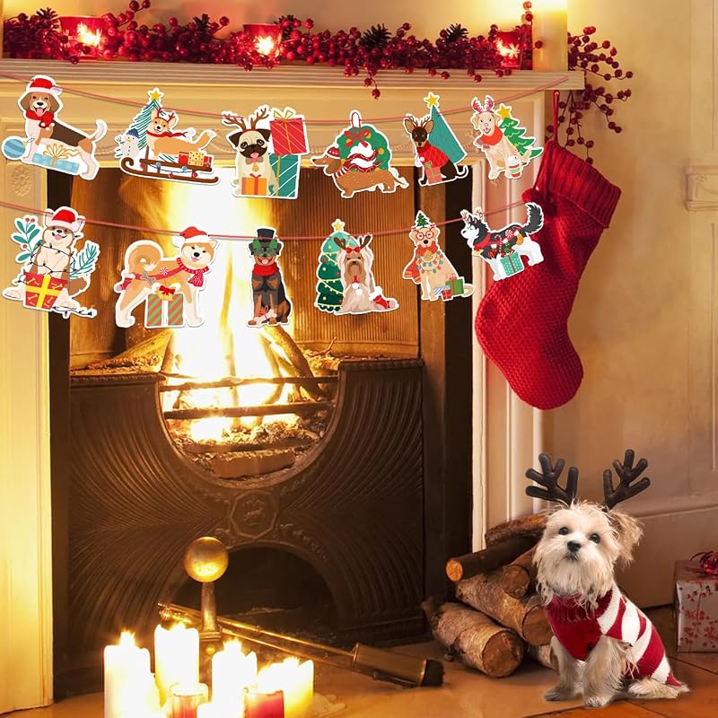 Dog Christmas Banner Garland - 4.9ft Puppy Themed Holiday Decor