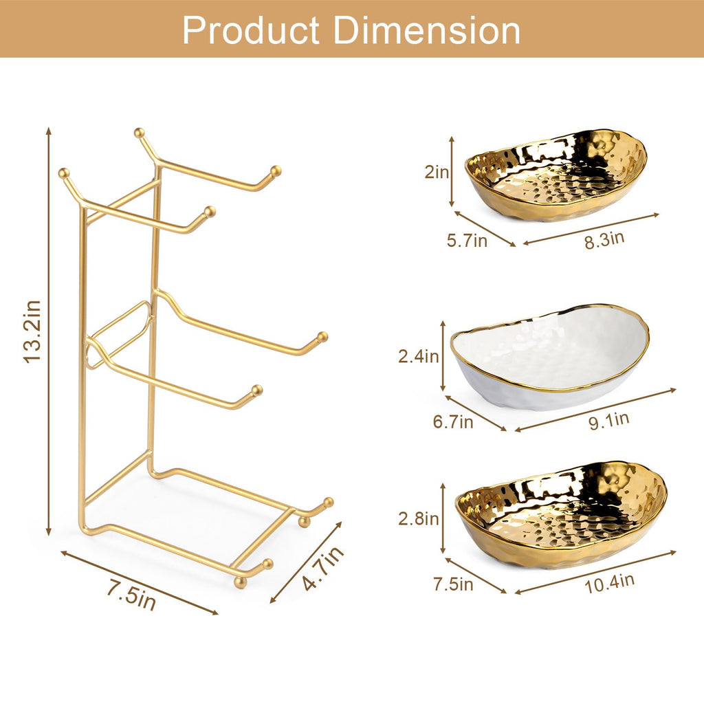LIJINGCHEN 3 Tier Fruit Basket for Kitchen Counter, Modern Ceramic Fruit Bowl with Gold Metal Stand, Tiered Fruit Tray for Countertop, Snacks, Nuts, Cakes, Desserts, Candy