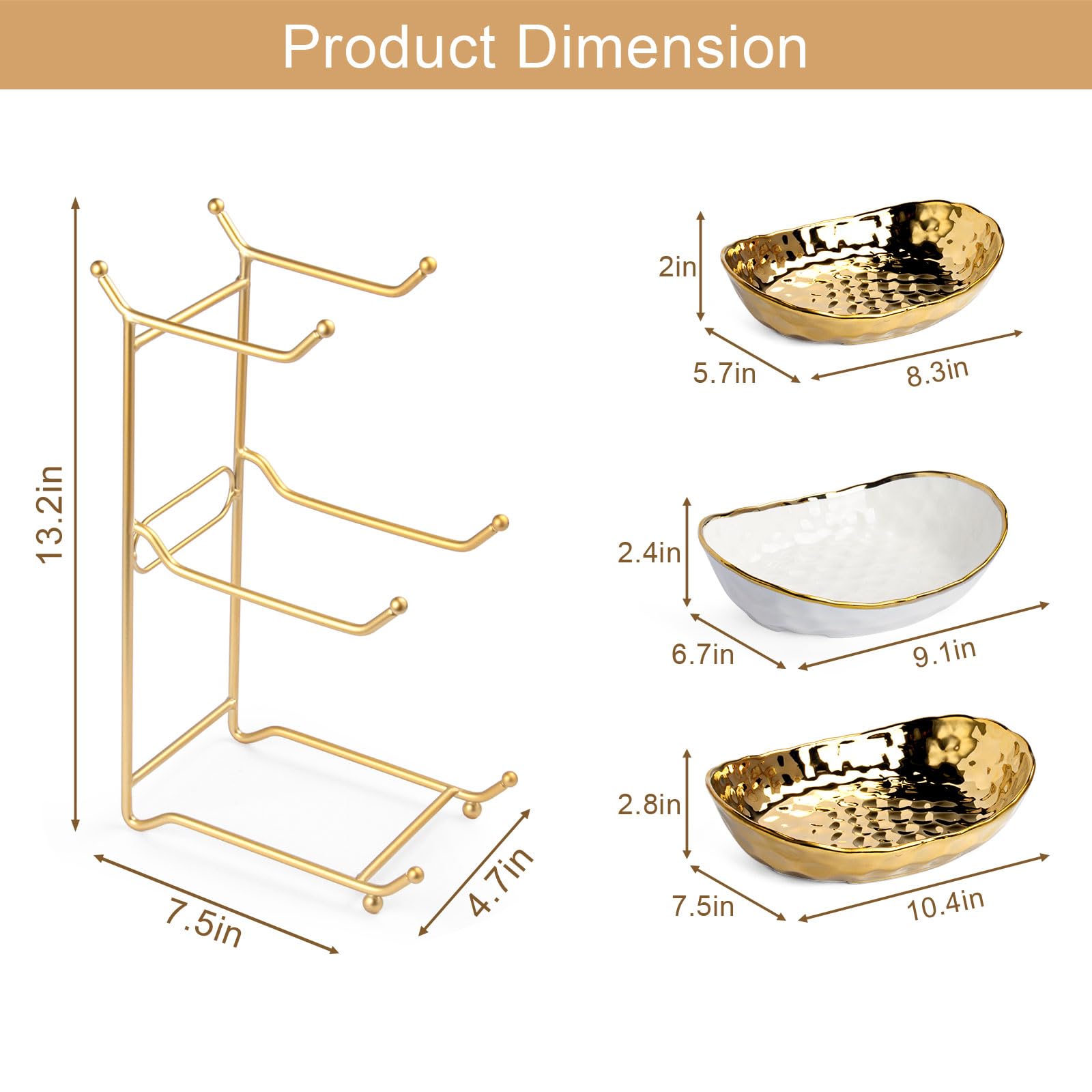 LIJINGCHEN 3 Tier Fruit Basket for Kitchen Counter, Modern Ceramic Fruit Bowl with Gold Metal Stand, Tiered Fruit Tray for Countertop, Snacks, Nuts, Cakes, Desserts, Candy