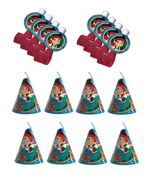 Jake and the Neverland Pirates Party Bundle includes Napkins, Table Cover, Loot Bags, Hats, Blowouts, Centerpiece, Banner, Invitations, Award, Balloons (Large Bundle for 16)