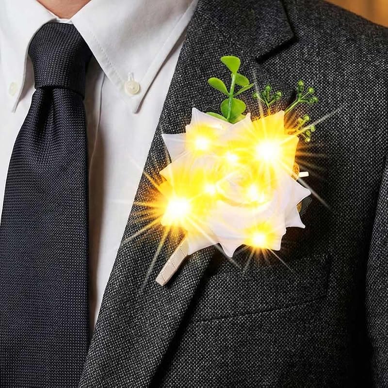 Light Up White Rose Boutonniere with LED for Groom Prom Wedding