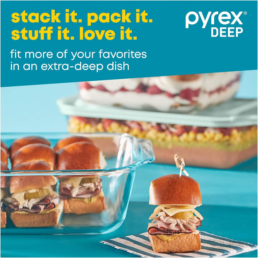 Pyrex Glass Baking Dish Set - Deep 3-Pack with BPA-Free Lids | Rectangular Bakeware (9"x13", 7"x11", 8"x8")
