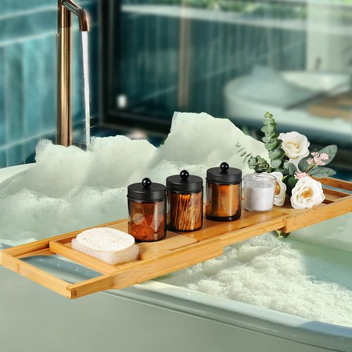 Amolliar Amber Glass Qtip Holder - Apothecary Jar Set with Matte Black Lid | Bathroom Organizer for Cotton Swabs (2 Pack)