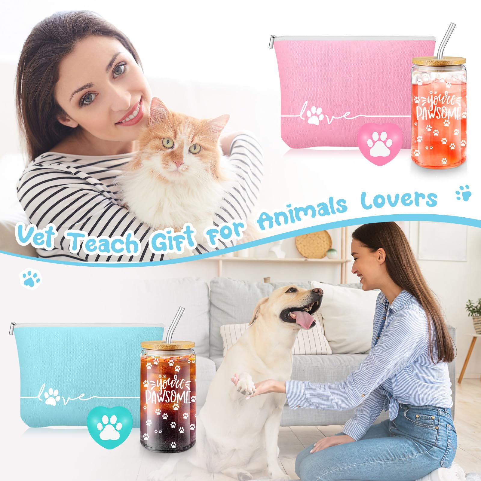 Sliner 10 Sets Veterinary Receptionist Week Gift for Women Inspirational 16 oz Glass Cups with Lid Makeup Bag with Stress Toy Vet Tech Assistant Dog Lover Cat Groomer Gifts Must Haves (Multicolor)