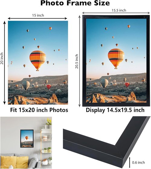 JCJMY 15x20 Picture Frame - Versatile Black Frame for Horizontal & Vertical Wall Display