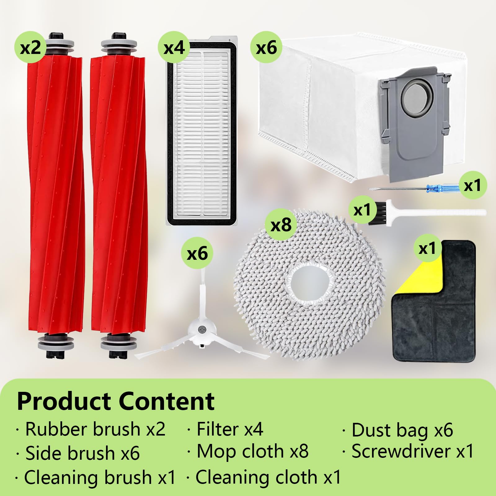 Yivy Vacuum Cleaner Replacement parts Compatible with Roborock Qrevo pro/Qrevo MaxV/Qrevo S/Qrevo plus,2 Main Brush Roller,6 White Side Brush,4 Hepa Filters,8 Mop Pads,6 Dust Bags (White-29)