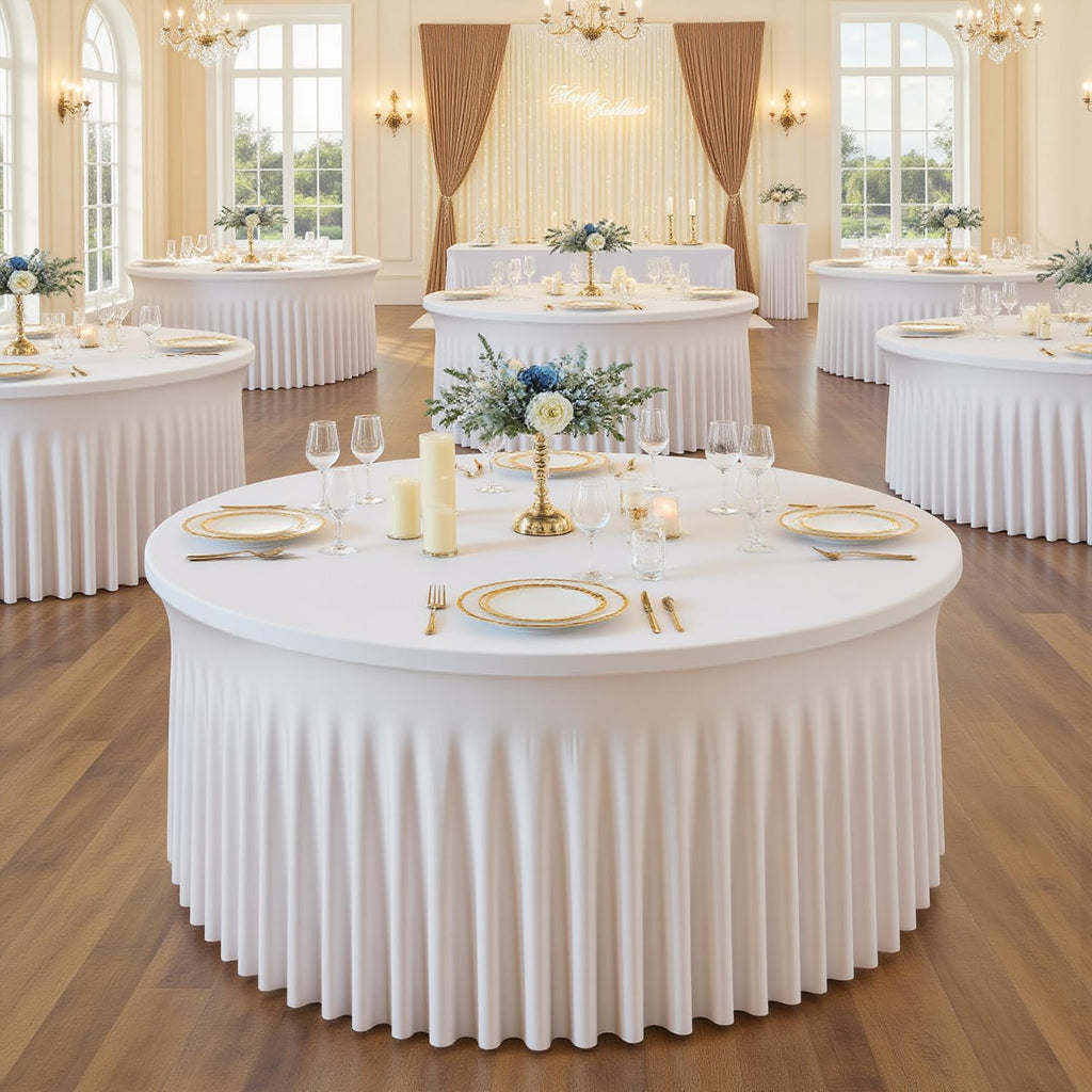 6 Pack White Round Tablecloths for 5 FT Round Tables, Stretchy Spandex Fitted Tables Cloth with Table Skirt, Wrinkle Free Table Cover Stitch Circle Tablecloth for Party Wedding Birthday Outdoor Events
