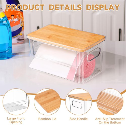 Hiitytin Trash Bag Holder Dispenser, Garbage Bag Dispenser with Bamboo Lid & Handles, Stackable Clear Trash Bag Organizer Under Sink for Kitchen, Pantry, Laundry Room, Cabinet