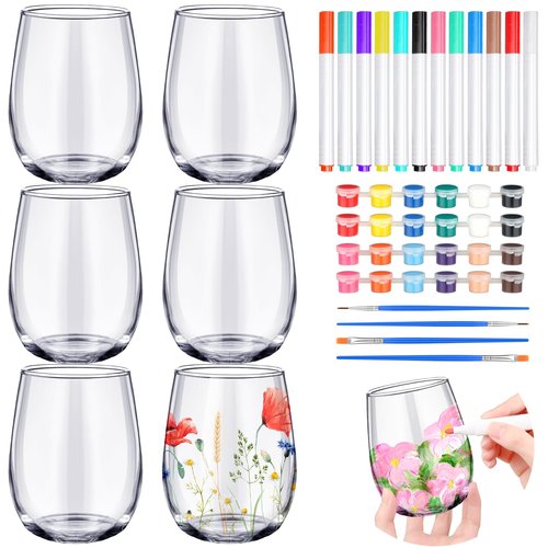 Pickmesh 6 Sets Paint Your Own Wine Glass Crafts Glass Painting Gift 12 Pcs DIY Markers 12 Colors Acrylic Paint with Brushes to Design Your Own Personalized Craft(Stemless)