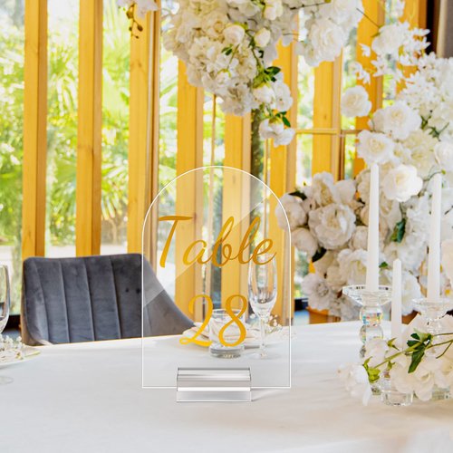 Qunclay 40 Pack 4 x 6 Inch Gold Acrylic Wedding Table Number 1-40 Clear Table Stand with Numbers Calligraphy Number Holders Signs for Wedding Reception Birthday Party Decorations