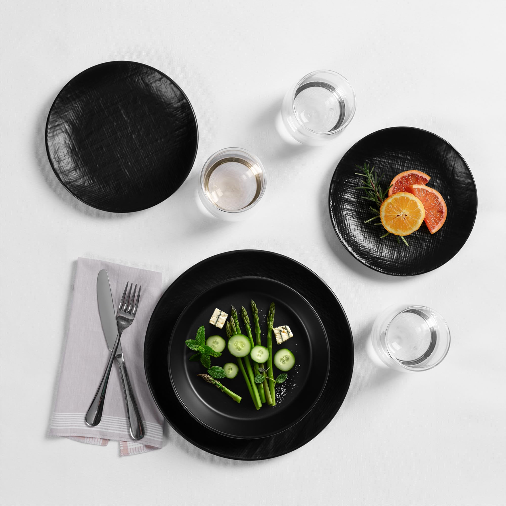 Navaris Linen Artisan Stoneware Dinnerware Set (18 Pieces) - Dishwasher & Microwave Safe Plates & Bowls for 6 with Dinner, Side Plates & Pasta Bowls - Charcoal Black