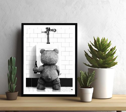 Funny Teddy Bear Wall Art - Black and White Bathroom Decor | 8x10in Print for Movie Fans