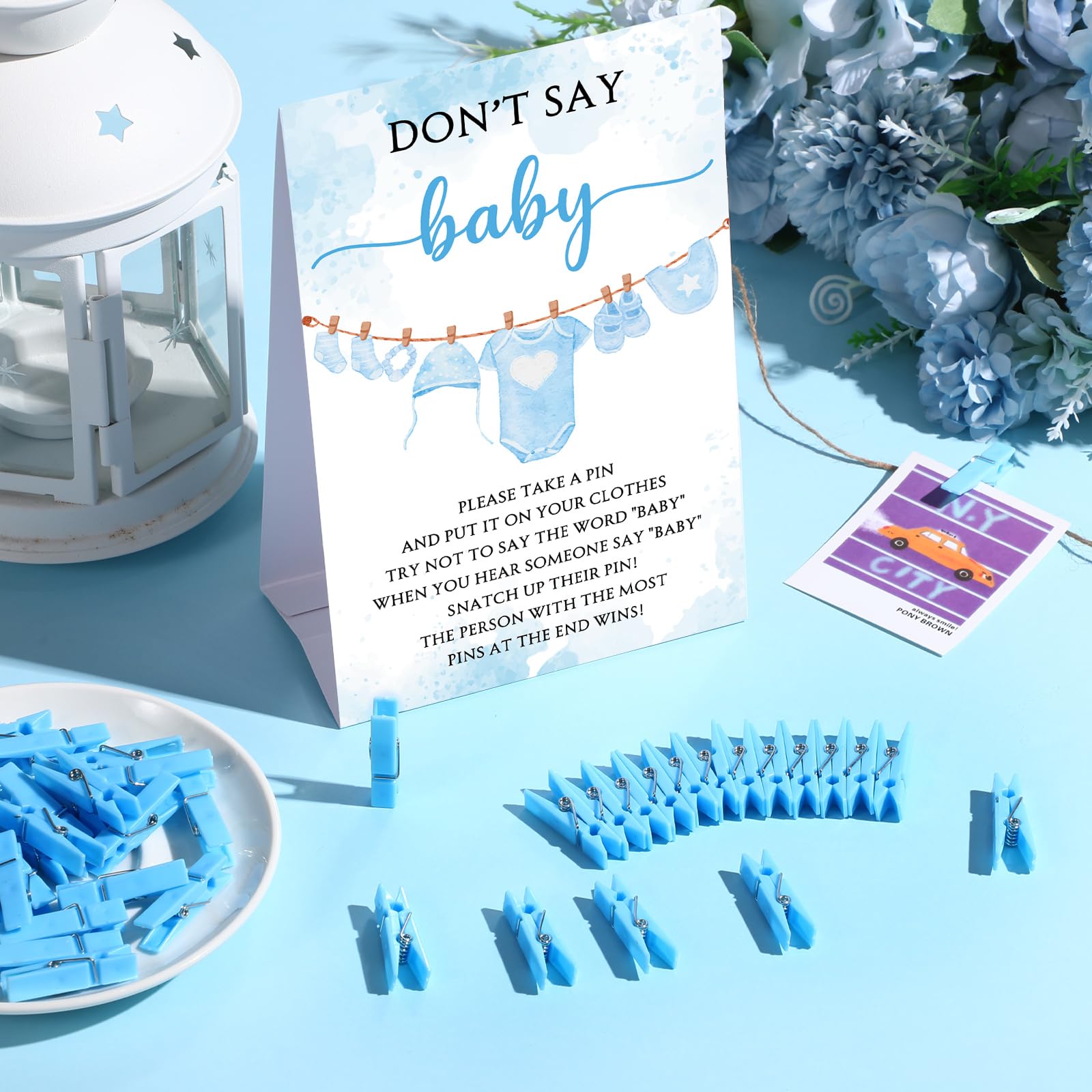 Cinnvoice 51 Pcs Baby Shower Games Supplies Include Blue Clothespins Don't Say Sign and 50 Plastic Clip Funny Baby Shower Party Decorations for Gender Reveal Favors