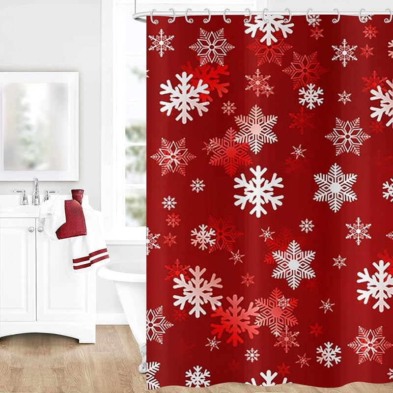Christmas Snowflake Shower Curtain Red White 72x72 with 12 Hooks – Waterproof Polyester