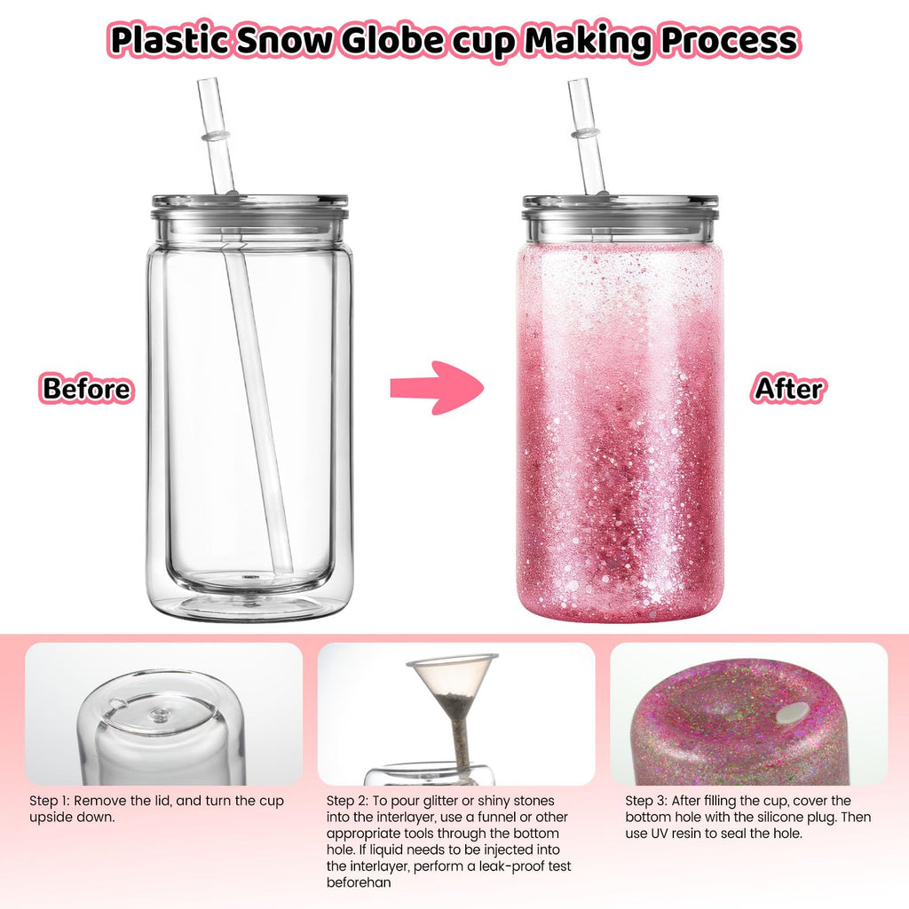 Cuguords 8 Pack 16oz Snow Globe Tumblers with Lids, Straws & Plugs, Double Wall Acrylic Plastic Snowglobe Cups, Pre-Drilled Hole DIY Glitter Tumbler Supplies, Bulk Clear Globe Cups for Party Favors