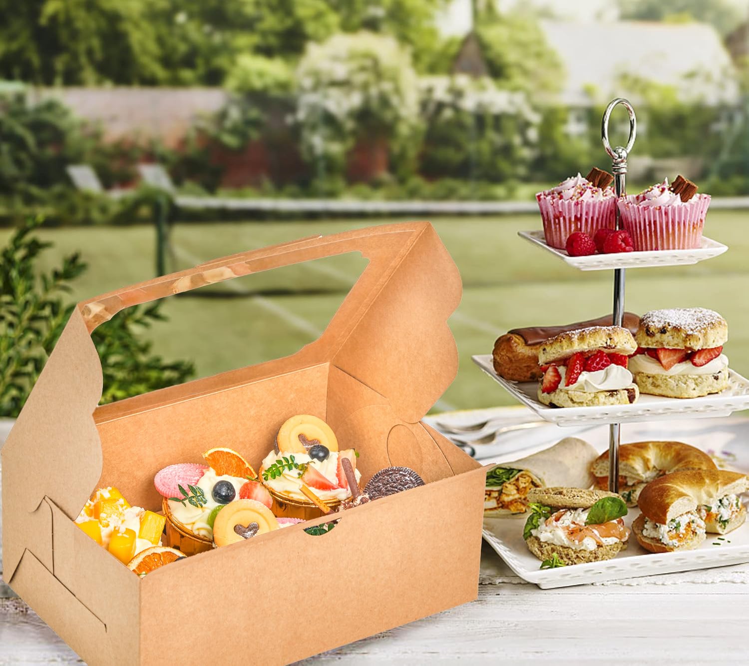 UnicoPak 5 Pack 10x6.8x4 Inch Tall White Cupcake Boxes with Handle Tray, Large Cupcake Boxes 6 Count Muffin Boxes for Standard or High Creams Jumbo Cupcakes
